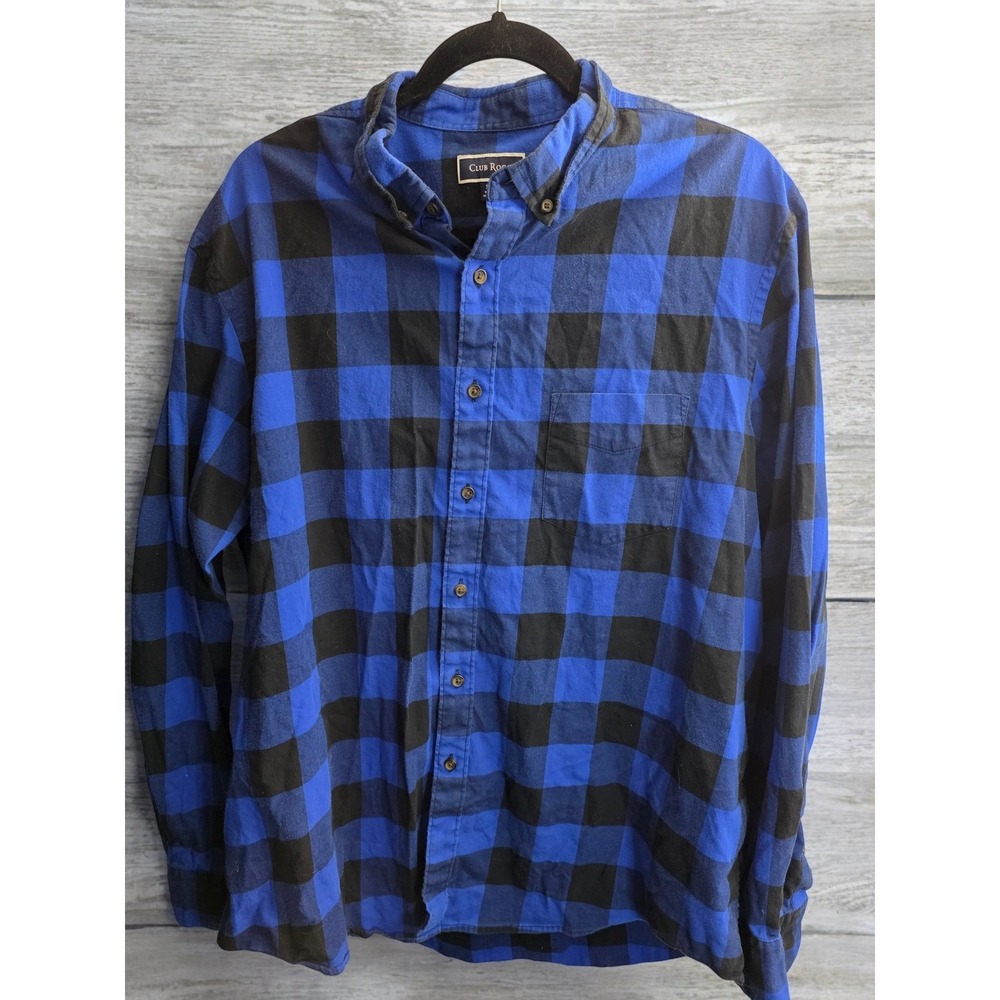 Club Room Shirt Big Mens PLus Size XXL 2X XX Blue Black‎ Buffalo Plaid Button Up